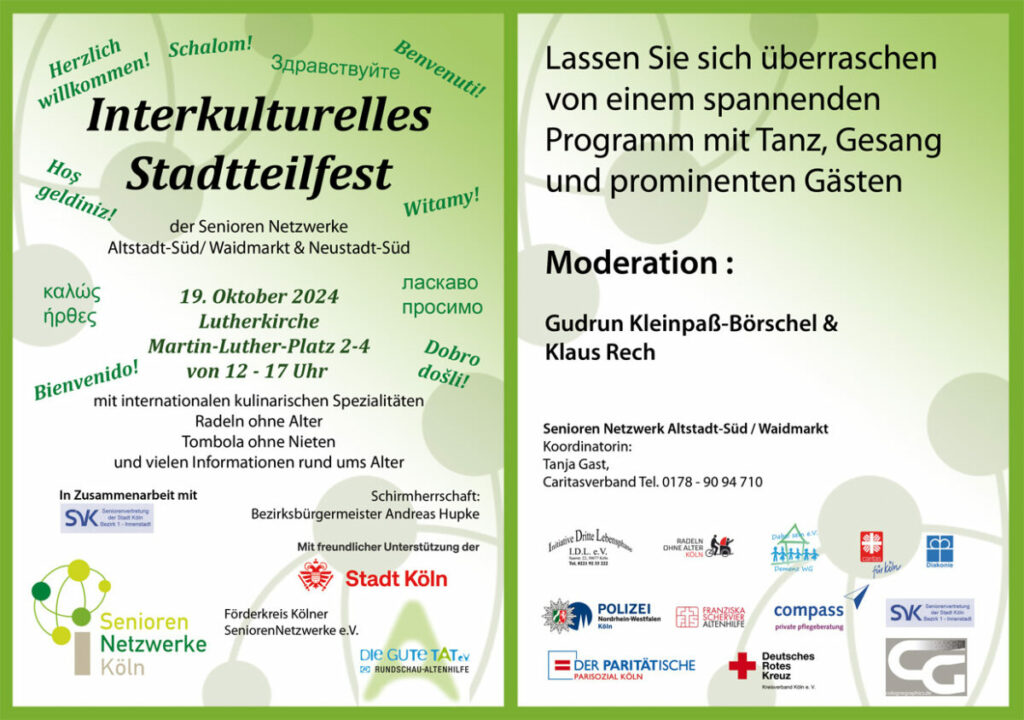 Hier wird mit einem Flyer das bevorstehende Interkulturelle Stadtteilfest am 19.10.2024 von 12 bis 17 Uhr an der Lutherkirche Köln beworben, dass wir gemeinsam mit dem SeniorenNetzwerk Neustadt-Süd feiern.