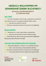Das Bild zeigt eine Übersicht der aktuellen Gruppenangebote im SeniorenNetzwerk Buchforst mit Stand Mai 2026.