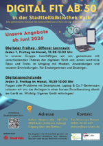 Das Bild beinhaltet allgemeine Infos zu den Digitalangeboten im SeniorenNetzwerk Kalk ab Juni 2026, wie Adresse, Uhrzeiten und Ort der Veranstaltungen.