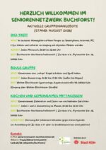 Das Bild zeigt eine Übersicht der Gruppenangebote im SeniorenNetzwerk Buchforst mit Stand August 2026.